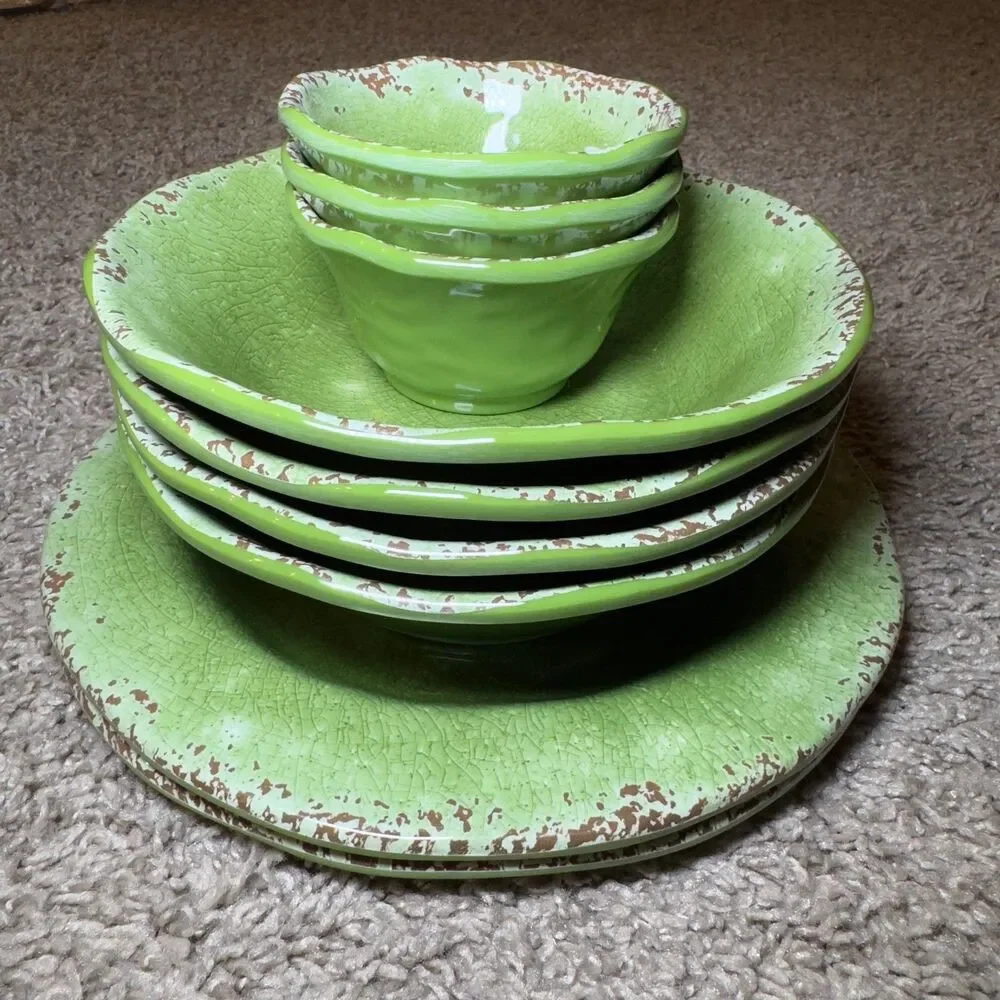 Pier 1 Imports CARMELO Green Melamine Plates Bowls LOT of 9 Snack Set Crackle